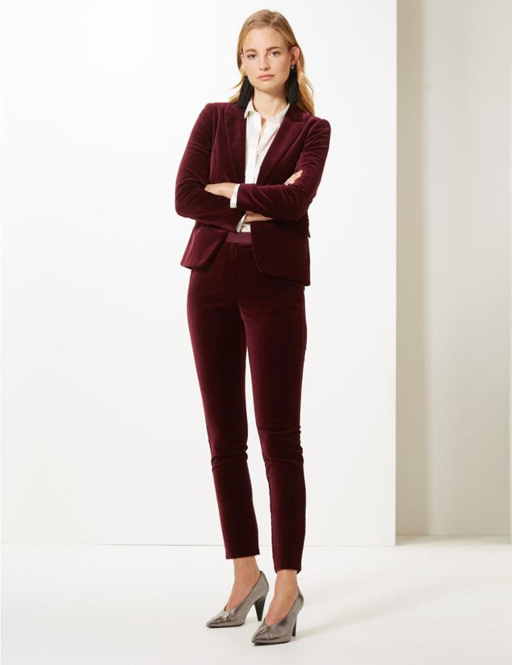 Marks & Spencer Cotton Rich Velvet Slim Leg Trousers Dark Marine