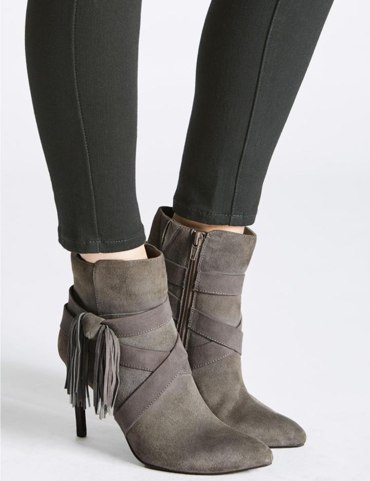 Marks & Spencer Leather Stiletto Tassel Pointed Ankle Boots Grey