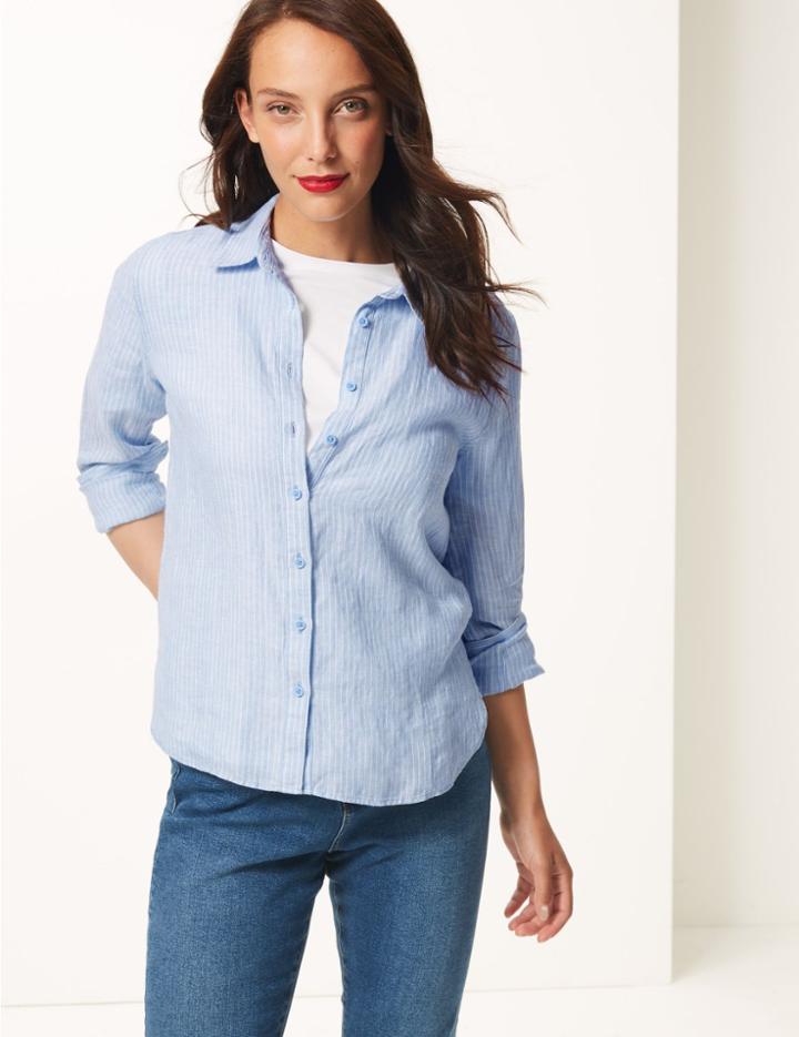 Marks & Spencer Pure Linen Striped Shirt Blue Mix