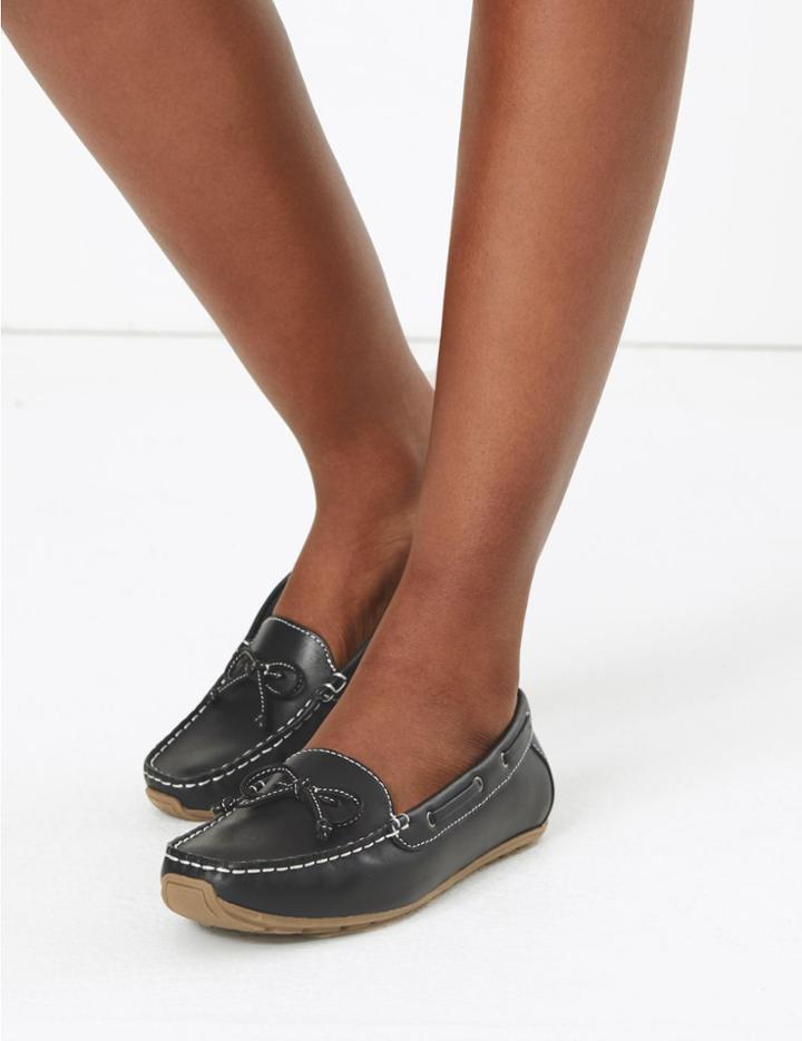 Marks & Spencer Leather Bow Detail Boat Shoes Navy