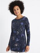 Marks & Spencer Floral Print Round Neck Long Sleeve Tunic Navy Mix