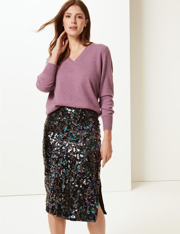 Marks & Spencer Embellished Pencil Midi Skirt Navy Mix