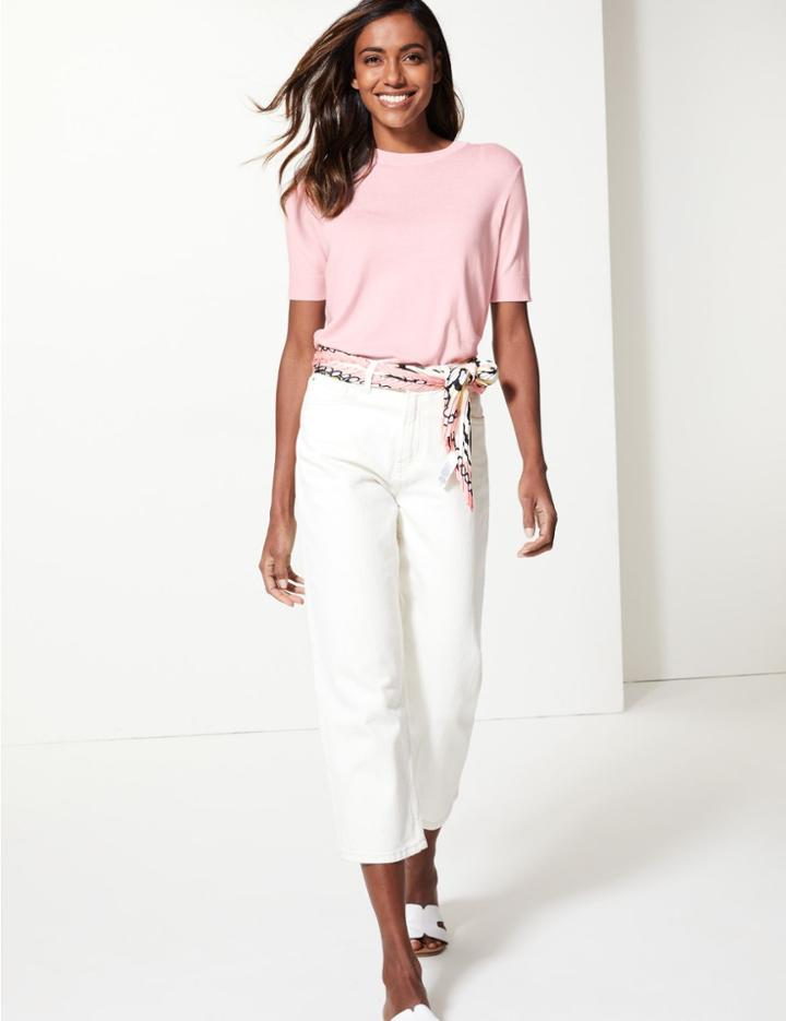 Marks & Spencer Round Neck Short Sleeve Knitted Top Pale Pink