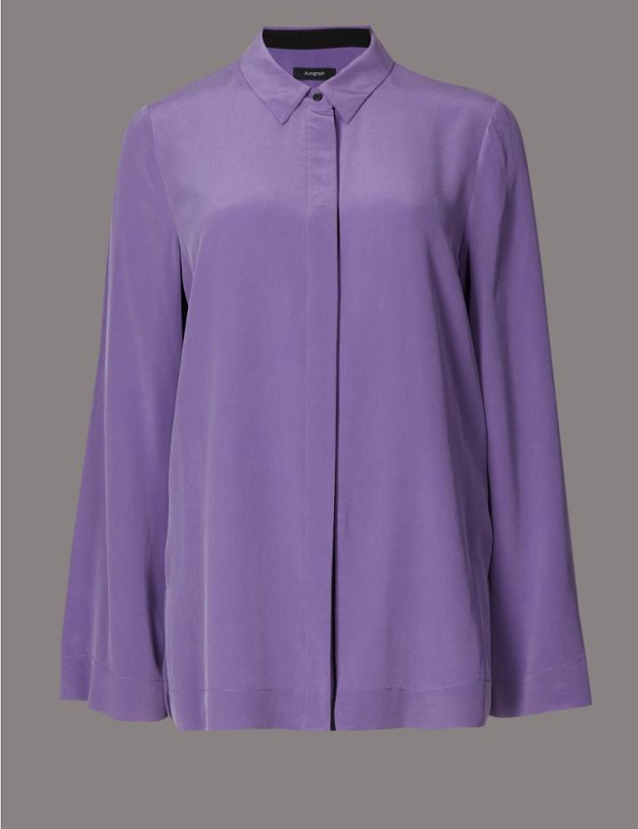 Marks & Spencer Pure Silk Grosgrain Long Sleeve Shirt Medium Grape