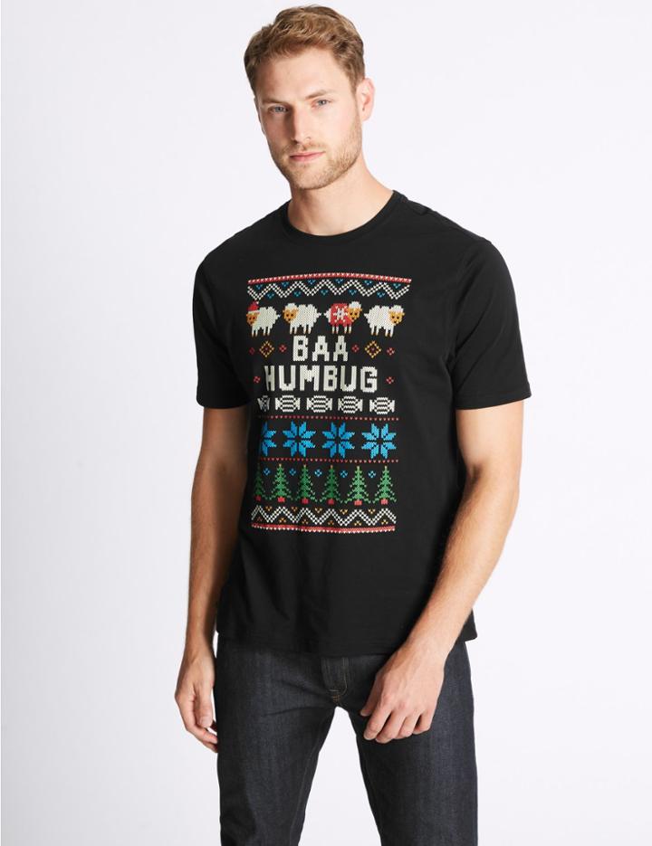 Marks & Spencer Pure Cotton Fairisle Crew Neck T-shirt Black