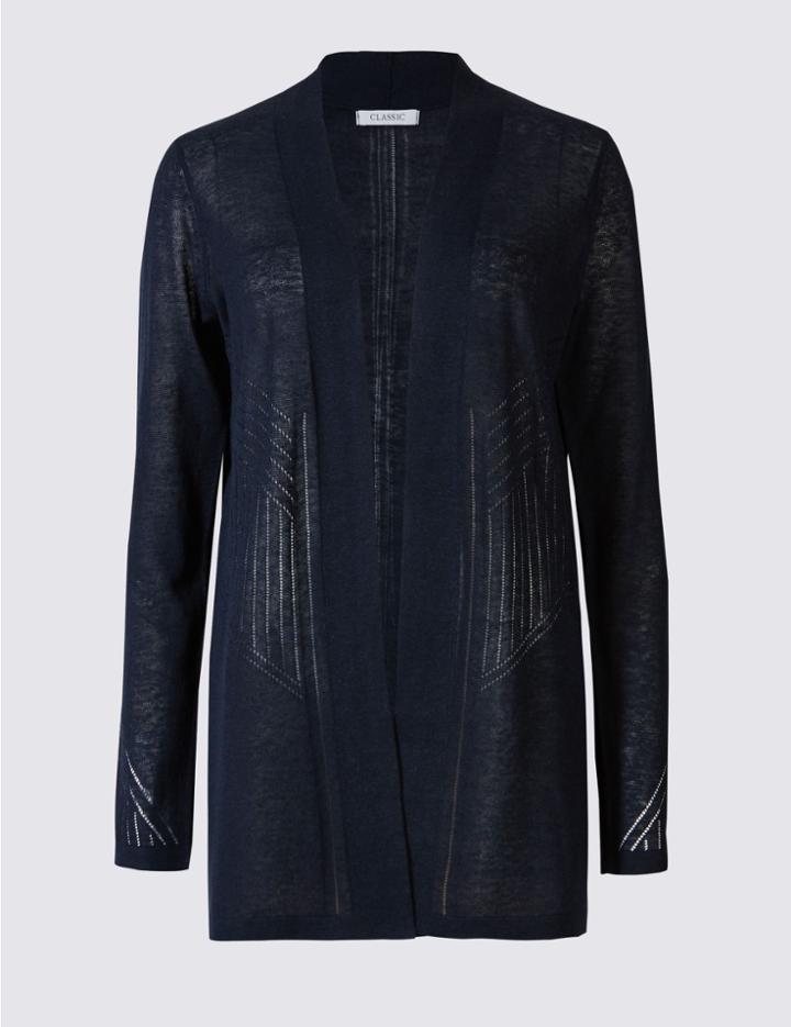 Marks & Spencer Linen Rich Pointelle Textured Cardigan Navy