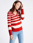 Marks & Spencer Lambswool Rich Striped V-neck Jumper Oatmeal Mix