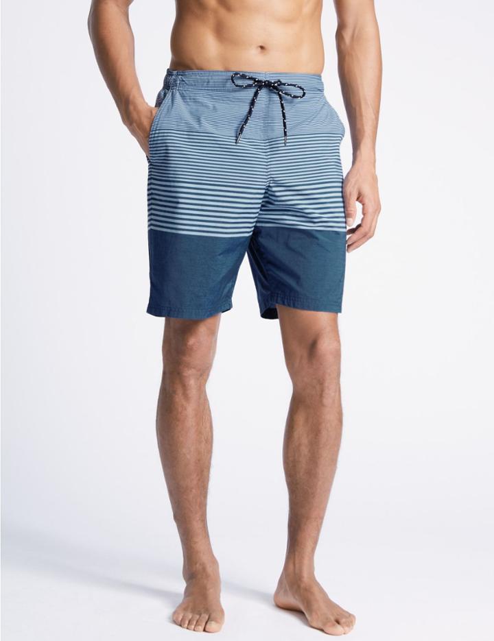 Marks & Spencer Cotton Rich Striped Quick Dry Swim Shorts Blue