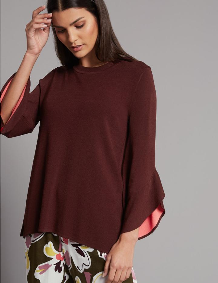 Marks & Spencer Round Neck 3/4 Sleeve Jumper Dark Burgundy