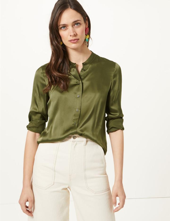 Marks & Spencer Pure Silk Long Sleeve Shirt Olive