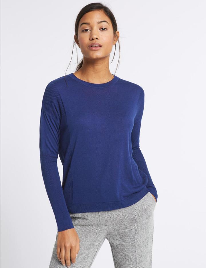 Marks & Spencer Round Neck Ribbed Sleeve Jumper Rich Blue