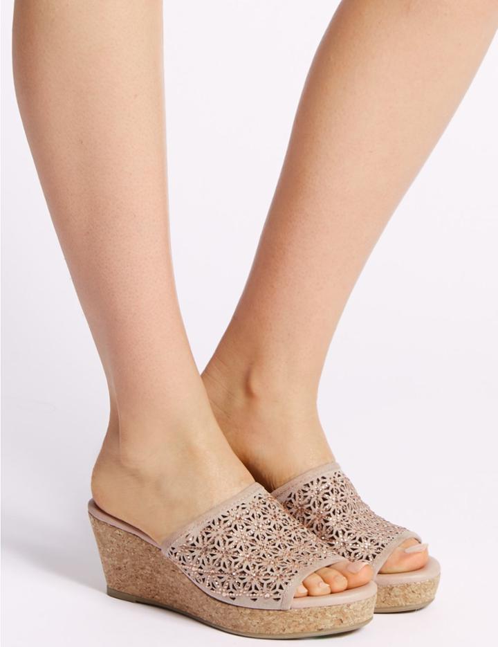 Marks & Spencer Wedge Heel Slip-on Sparkle Mule Sandals Nude