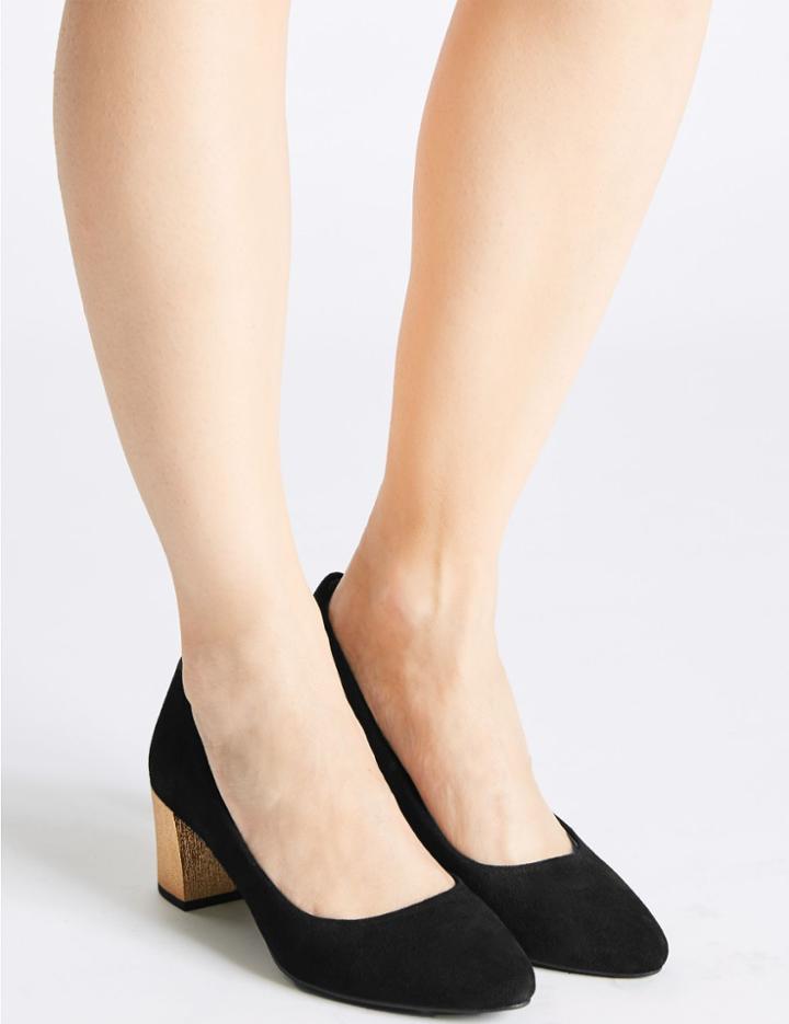 Marks & Spencer Leather Block Heel Court Shoes Black
