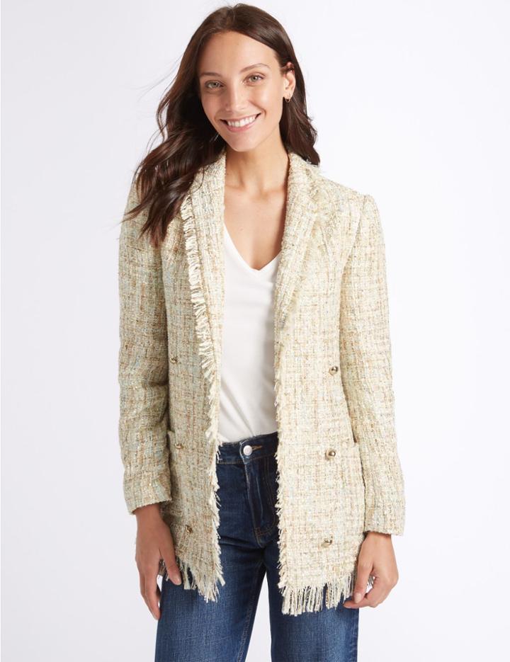 Marks & Spencer Textured Longline Fringe Blazer Ivory Mix