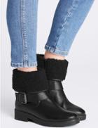 Marks & Spencer Wide Fit Leather Block Heel Fur Ankle Boots Black