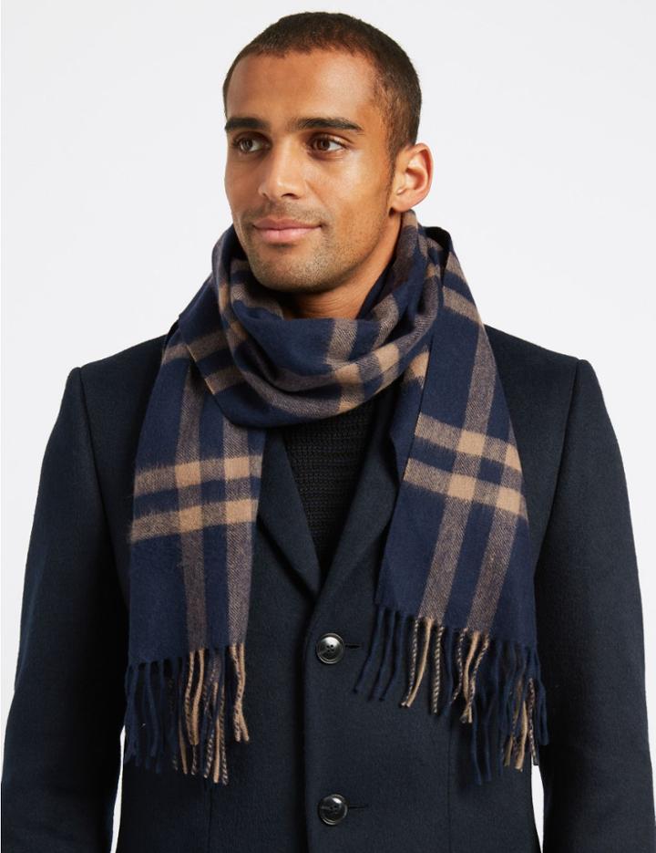 Marks & Spencer Pure Merino Wool Checked Scarf Dark Ink