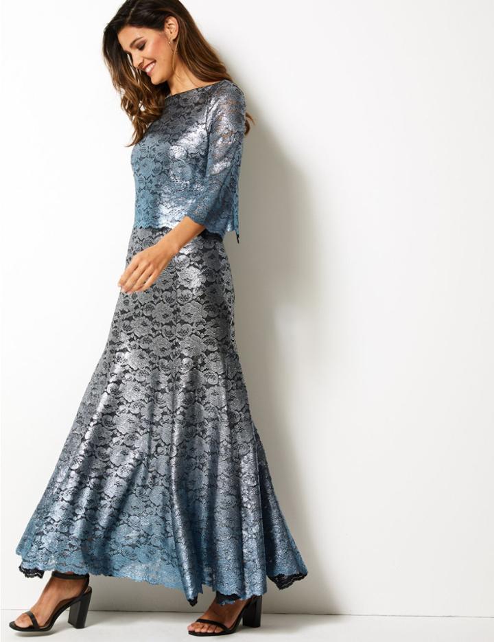 Marks & Spencer Foil Print 3/4 Sleeve Maxi Fit & Flare Dress Blue Mix