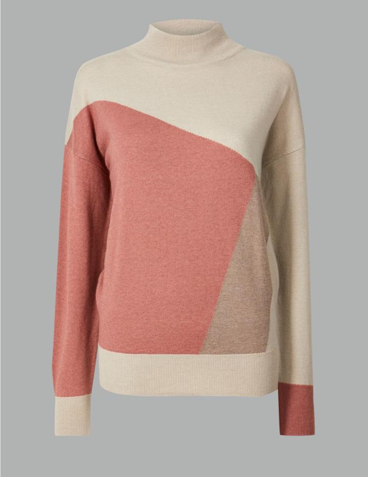 Marks & Spencer Colour Block Turtle Neck Jumper Light Grey Mix