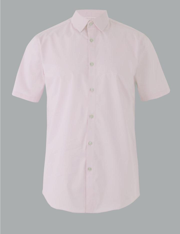 Marks & Spencer Cotton Rich Shirt With Stretch Pink