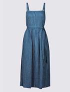 Marks & Spencer Linen Blend Striped Skater Midi Dress Blue