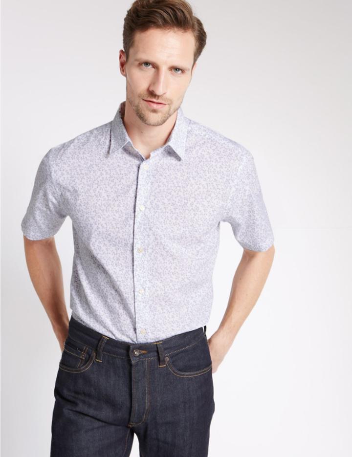 Marks & Spencer Pure Cotton Printed Short Sleeve Shirt White Mix