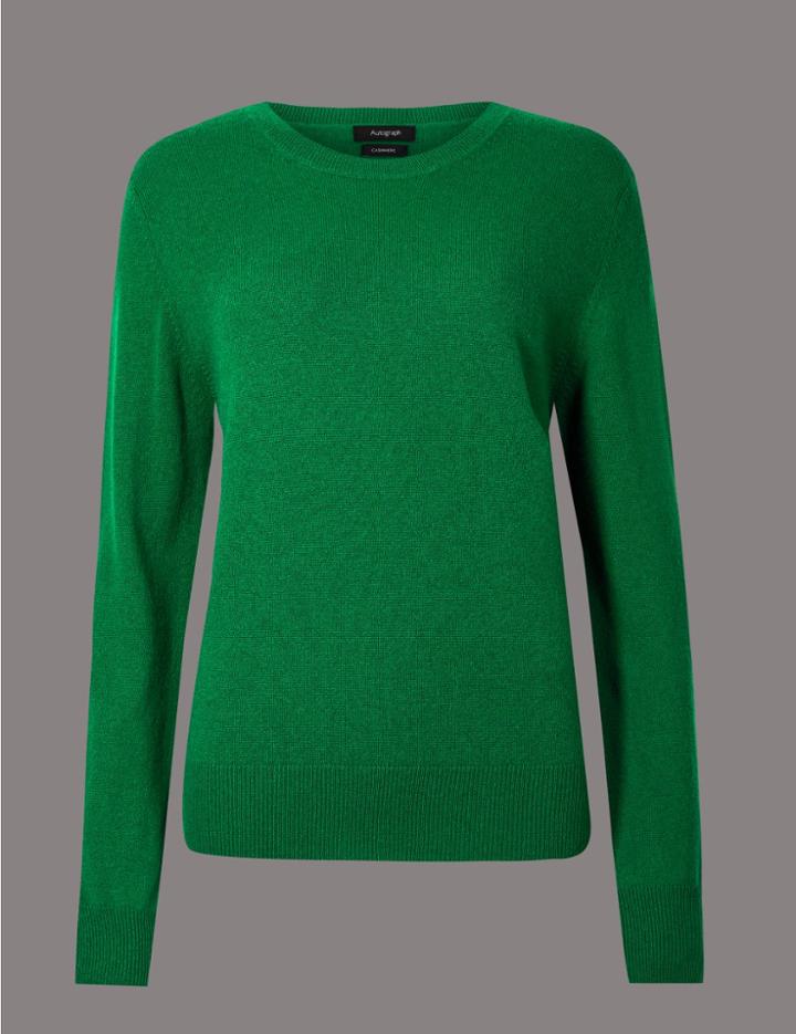 Marks & Spencer Pure Cashmere Ribbed Round Neck Jumper Emerald