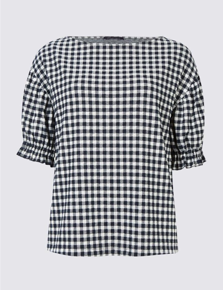 Marks & Spencer Gingham Ruched Sleeve Top Navy Mix
