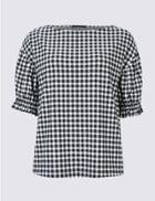 Marks & Spencer Gingham Ruched Sleeve Top Navy Mix