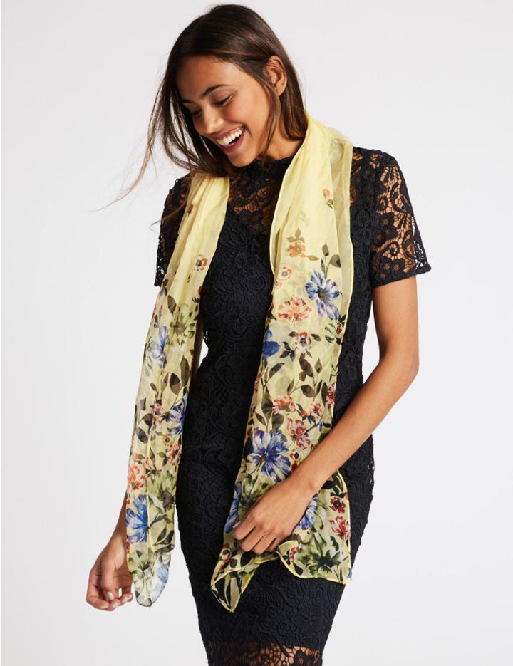 Marks & Spencer Pure Silk Floral Print Scarf Yellow Mix