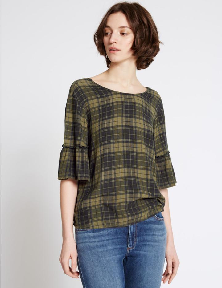 Marks & Spencer Checked Round Neck Half Sleeve Shell Top Khaki Mix