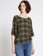 Marks & Spencer Checked Round Neck Half Sleeve Shell Top Khaki Mix