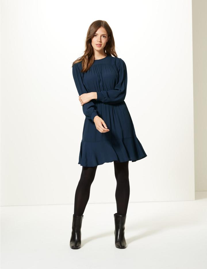 Marks & Spencer Ruffle Hem Long Sleeve Skater Dress Navy