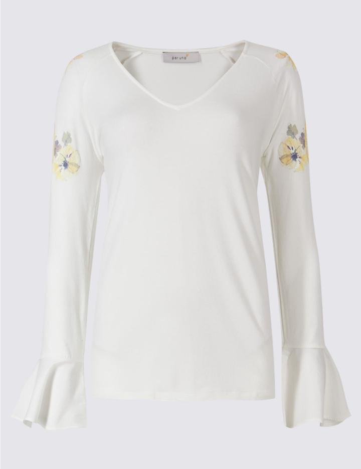 Marks & Spencer Puff Print V-neck Long Sleeve T-shirt Ivory Mix