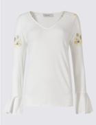 Marks & Spencer Puff Print V-neck Long Sleeve T-shirt Ivory Mix
