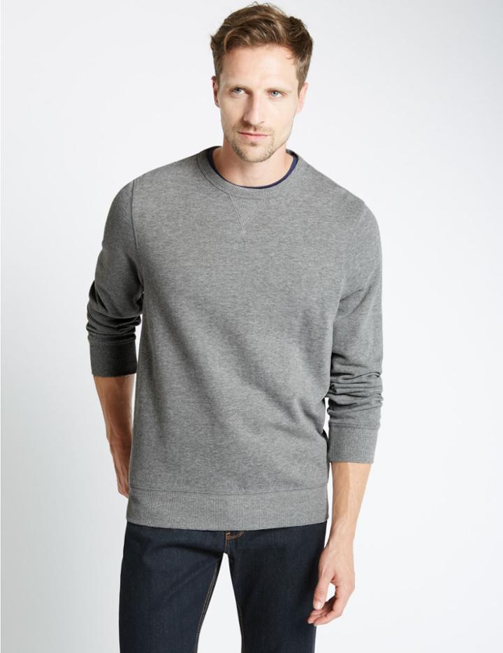 Marks & Spencer Cotton Rich Crew Neck Regular Fit Sweat Grey Mix