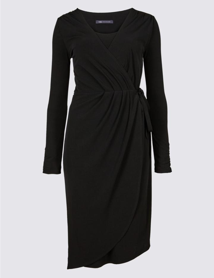 Marks & Spencer Asymmetric Long Sleeve Wrap Midi Dress Black