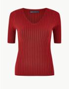 Marks & Spencer Ribbed V-neck Short Sleeve Knitted Top Deep Red