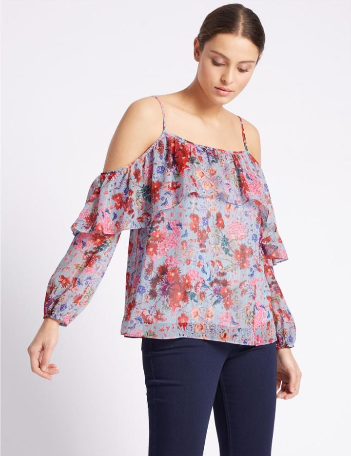 Marks & Spencer Floral Print Cold Shoulder Bardot Top Blue Mix