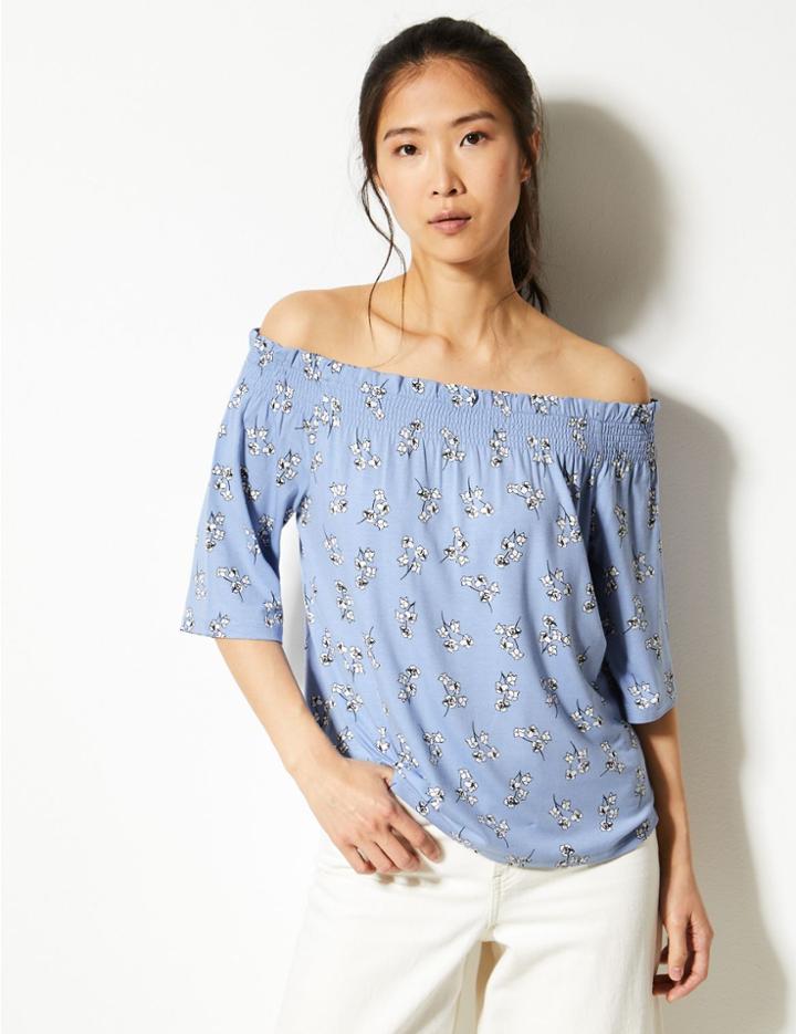Marks & Spencer Floral Print Regular Fit Bardot Top Blue Mix