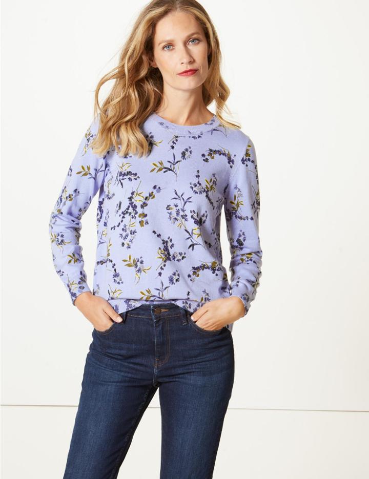 Marks & Spencer Pure Cotton Embellished Round Neck Jumper Blue Mix