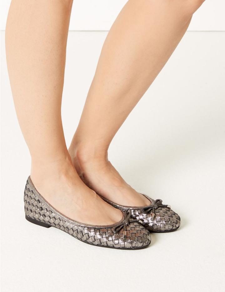 Marks & Spencer Leather Weave Ballet Pumps Pewter