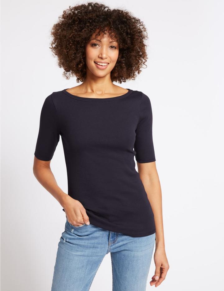Marks & Spencer Pure Cotton Slash Neck Half Sleeve T-shirt Navy