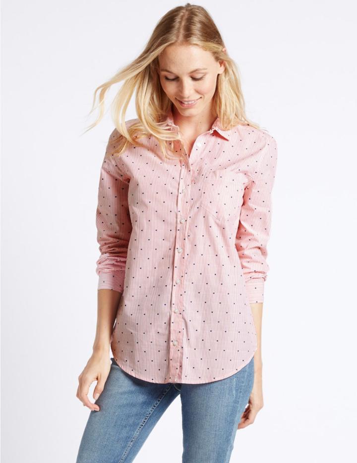 Marks & Spencer Pure Cotton Embroidered Spot Striped Shirt Pink Mix