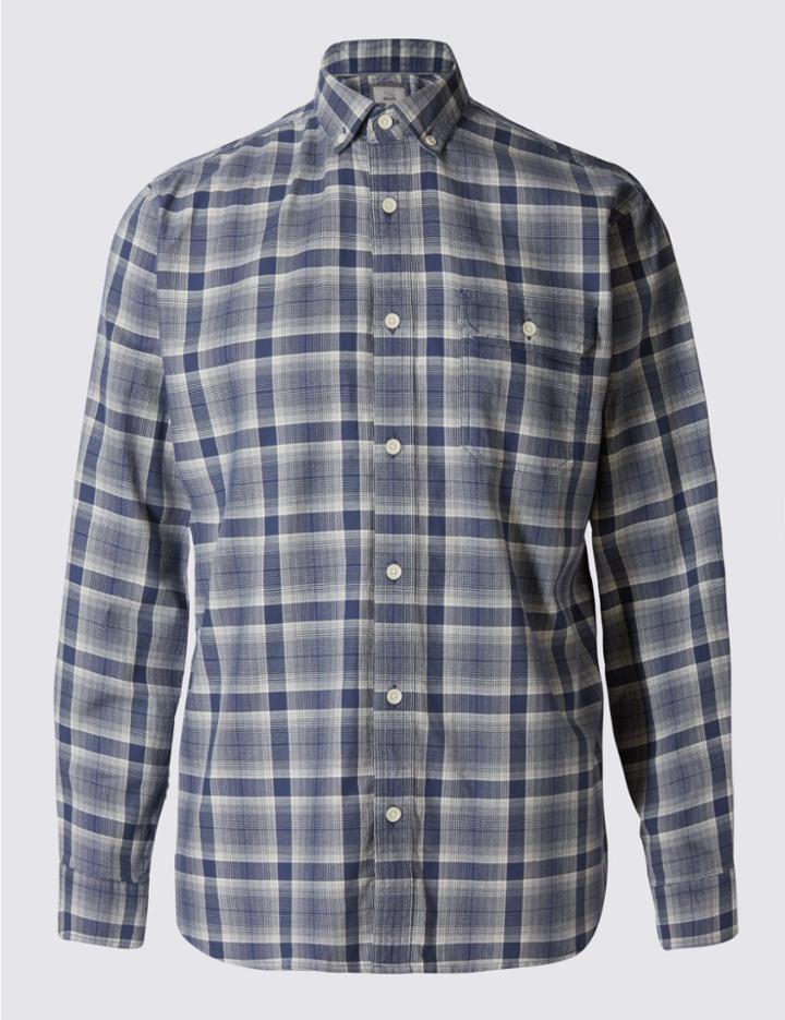 Marks & Spencer Pure Cotton Checked Shirt With Pocket Navy