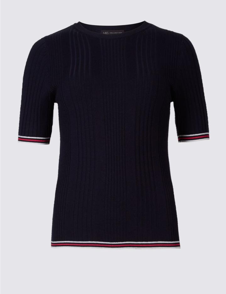 Marks & Spencer Round Neck Short Sleeve Jumper Navy Mix