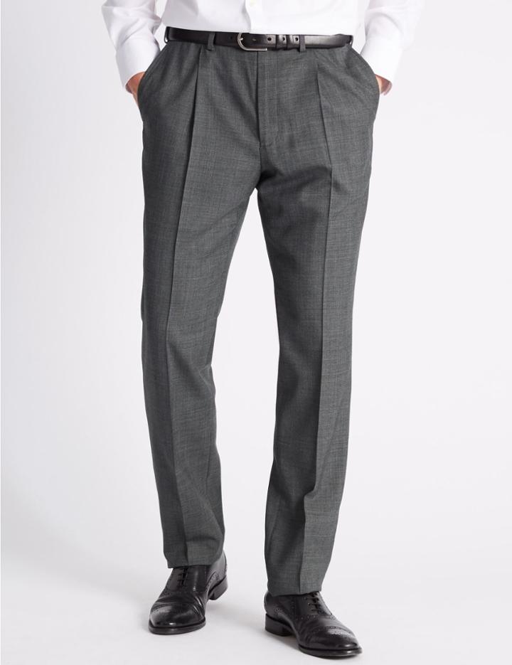 Marks & Spencer Tailored Wool Blend Single Pleated Trousers Grey