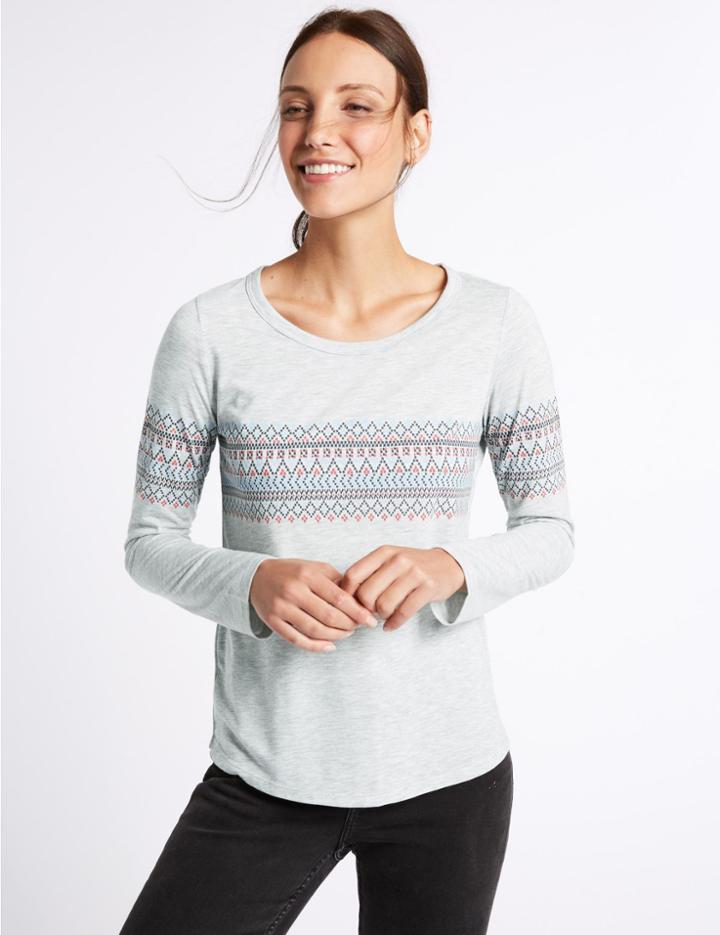 Marks & Spencer Fairisle Print Long Sleeve T-shirt Grey Mix