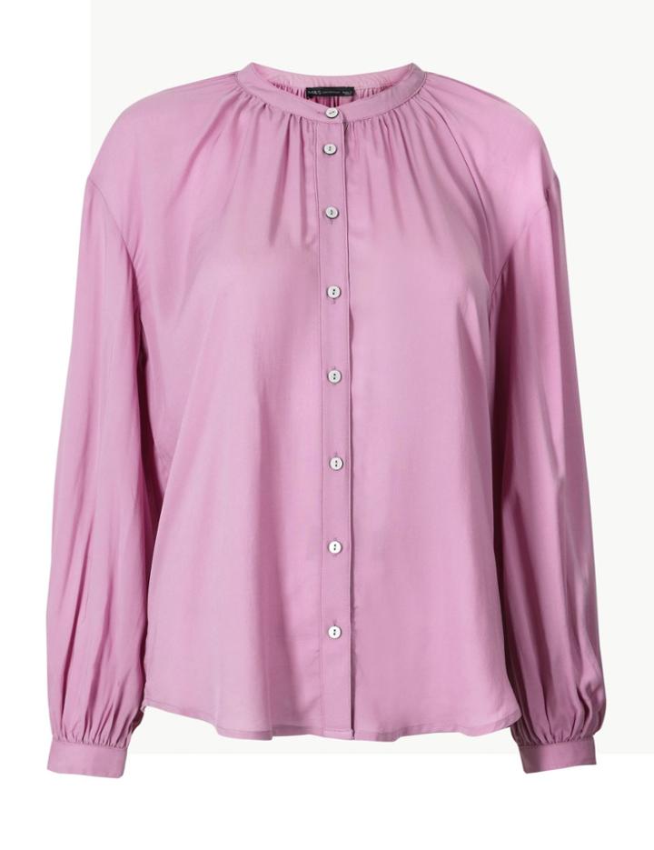 Marks & Spencer High Neck Long Sleeve Blouson Blouse Pale Mauve