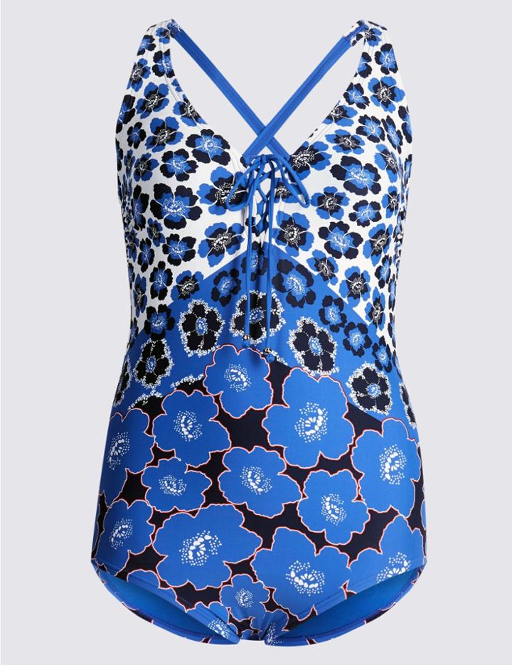 Marks & Spencer Plus Secret Slimming&trade; Floral Print Swimsuit Blue Mix