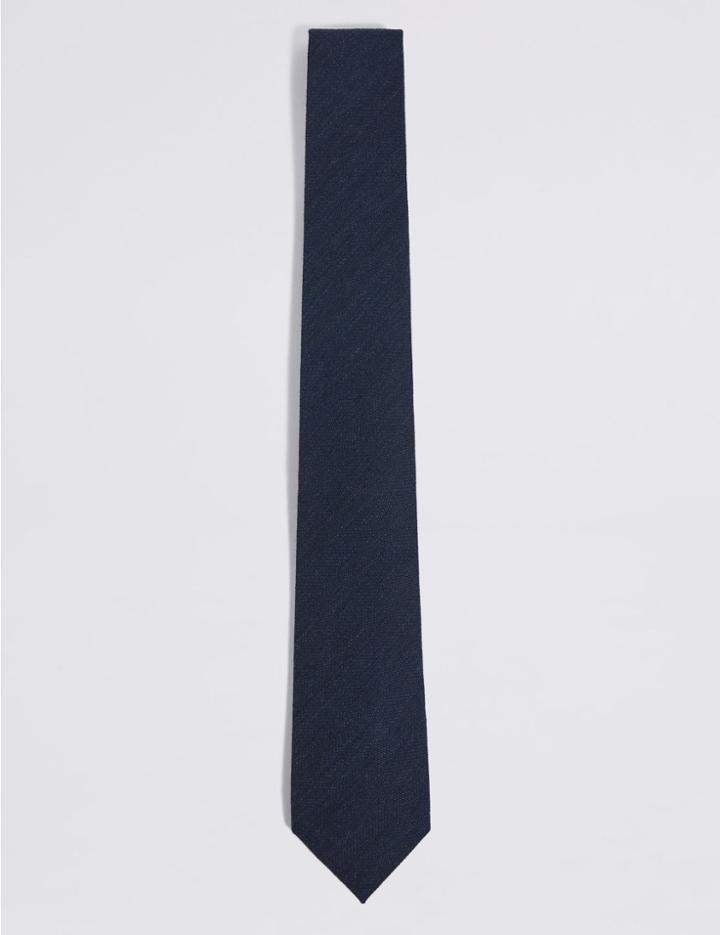 Marks & Spencer Wool Rich Herringbone Tie Navy
